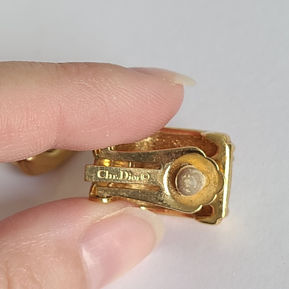 Vintage Christian Dior Designer Luxury Crystal Chunky Gold Clip On Stud Earrings - Picture 7 of 10